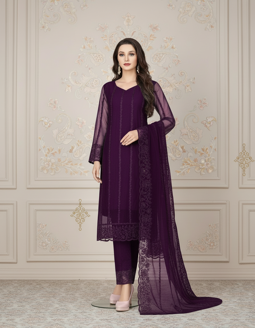 Women's Net Kurti Set with Dupatta & Bottomwear - Elegant Ethnic Wear