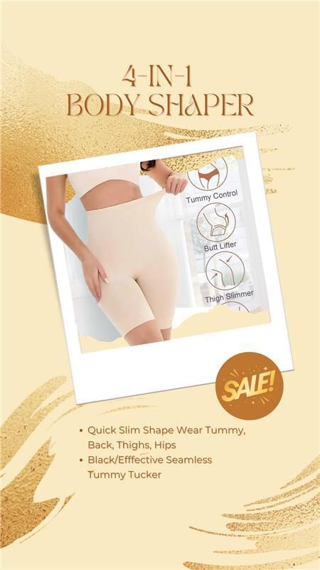 4-in-1 Women’s Slim Shape Wear – Quick Tummy, Back, Thigh & Hip Shaper, Seamless Tummy Tucker, Black, S-XXL