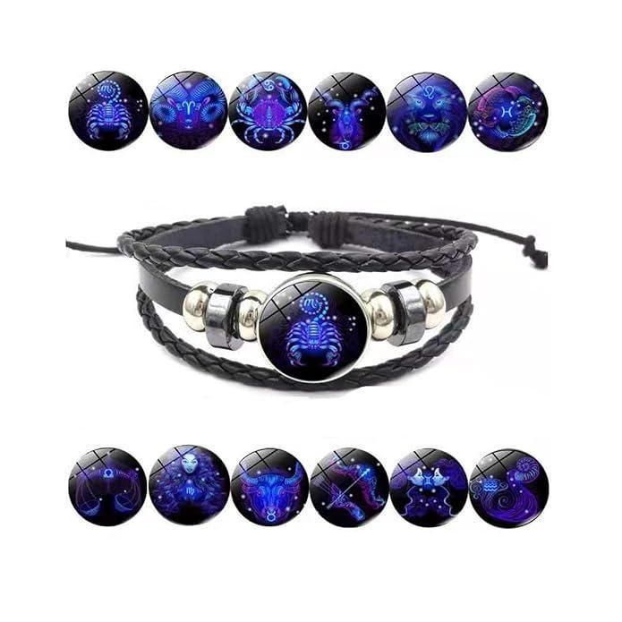 Constellation Zodiac Guardian Bracelet for Men & Women | Black Leather Adjustable Alloy Bracelet | Stylish Astrology Gift