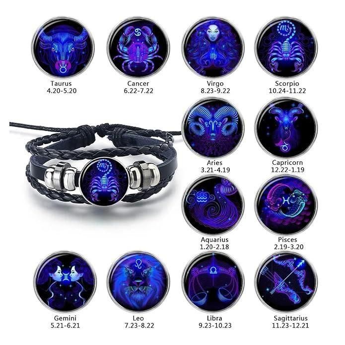 Constellation Zodiac Guardian Bracelet for Men & Women | Black Leather Adjustable Alloy Bracelet | Stylish Astrology Gift