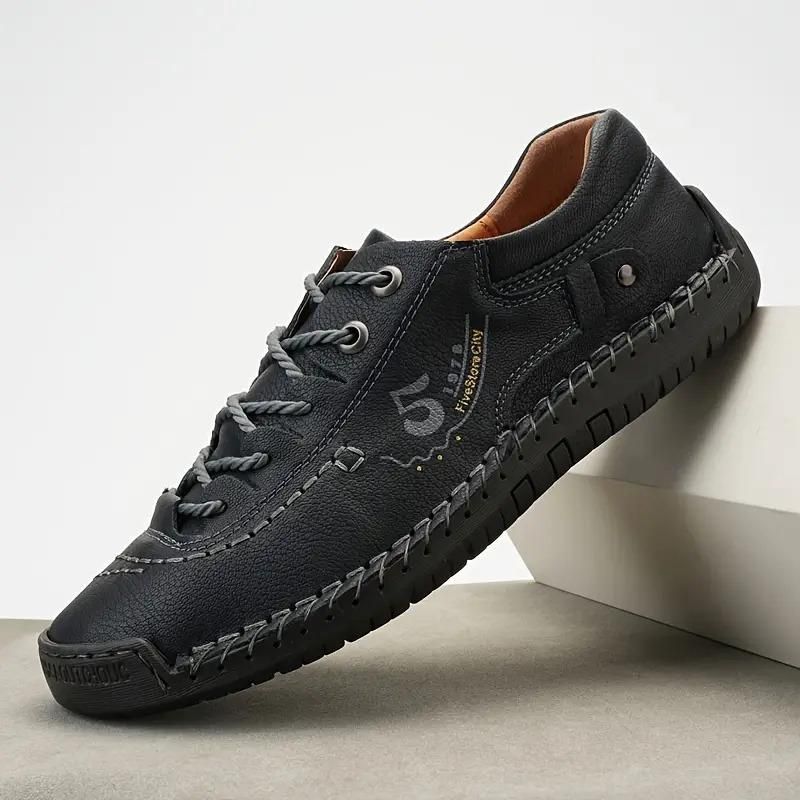 Men's Black Casual Leather Shoes | Lightweight Synthetic Leather Lace-Up Shoes | Comfortable Rubber Sole