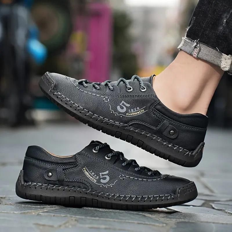 Men's Black Casual Leather Shoes | Lightweight Synthetic Leather Lace-Up Shoes | Comfortable Rubber Sole