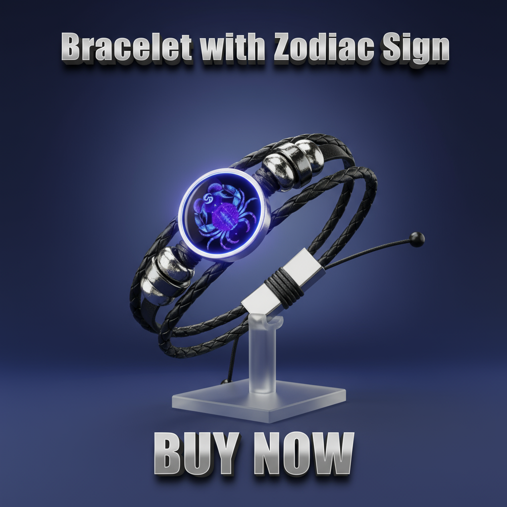 Bracelet with zodiac sign charm on wrist, surrounded by zodiac symbol icons.