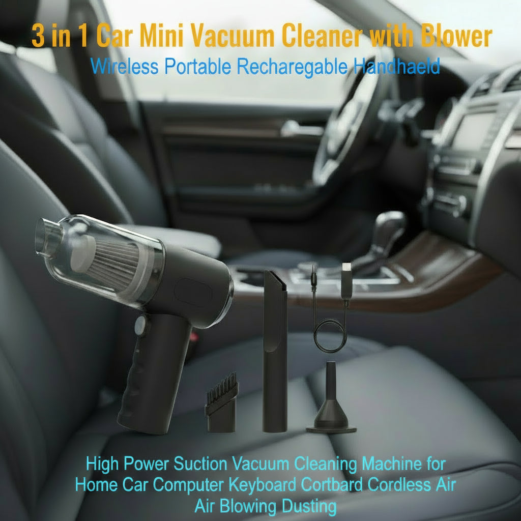 3 in 1 Car Mini Vacuum Cleaner with Blower Wireless Portable Rechargeable Handheld High Power Suction Vacuum Cleaning Machine for Home Car Computer Keyboard Cordless Air Blowing Dusting