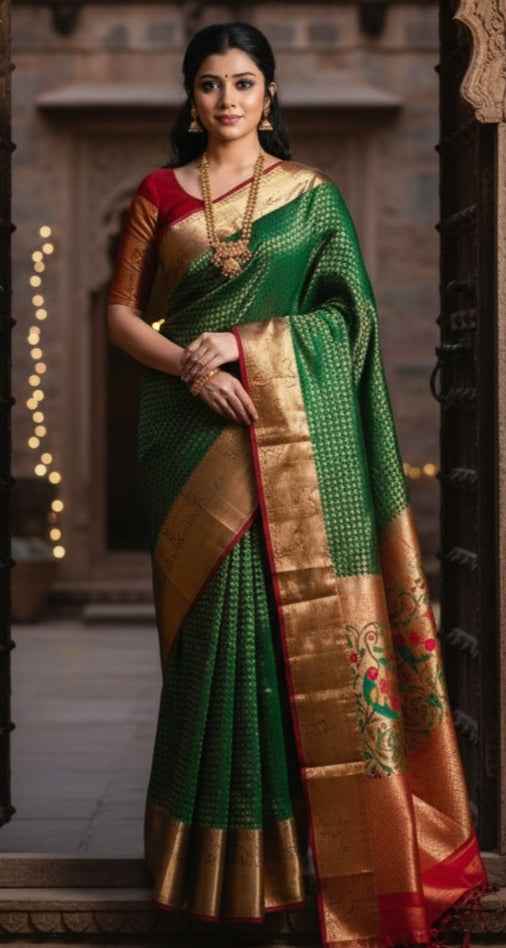 Luxurious Green Jacquard Saree with Blouse Piece (6.3M) - Festive & Party Wear