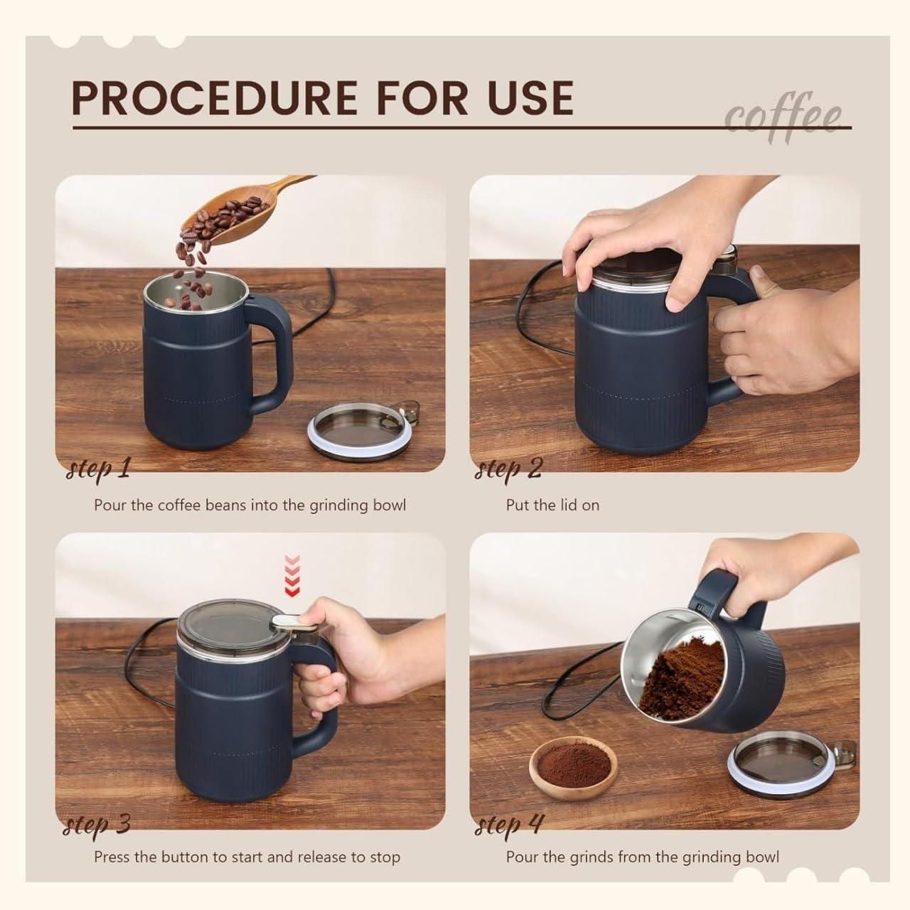 Step-by-step guide on using a coffee grinder with images of hands performing actions.