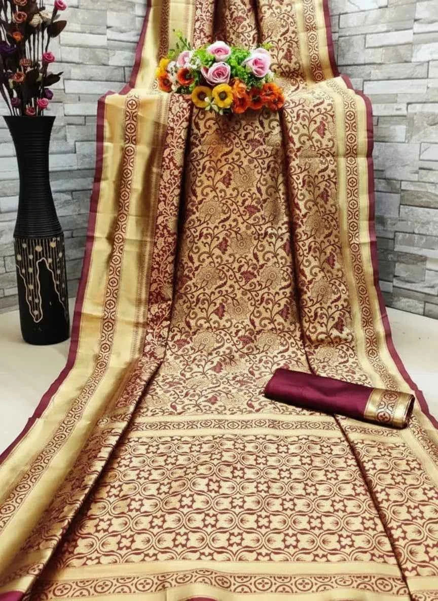 Premium Banarasi Silk Saree with Blouse - Golden & Dark Red Wedding Saree (6.3M)