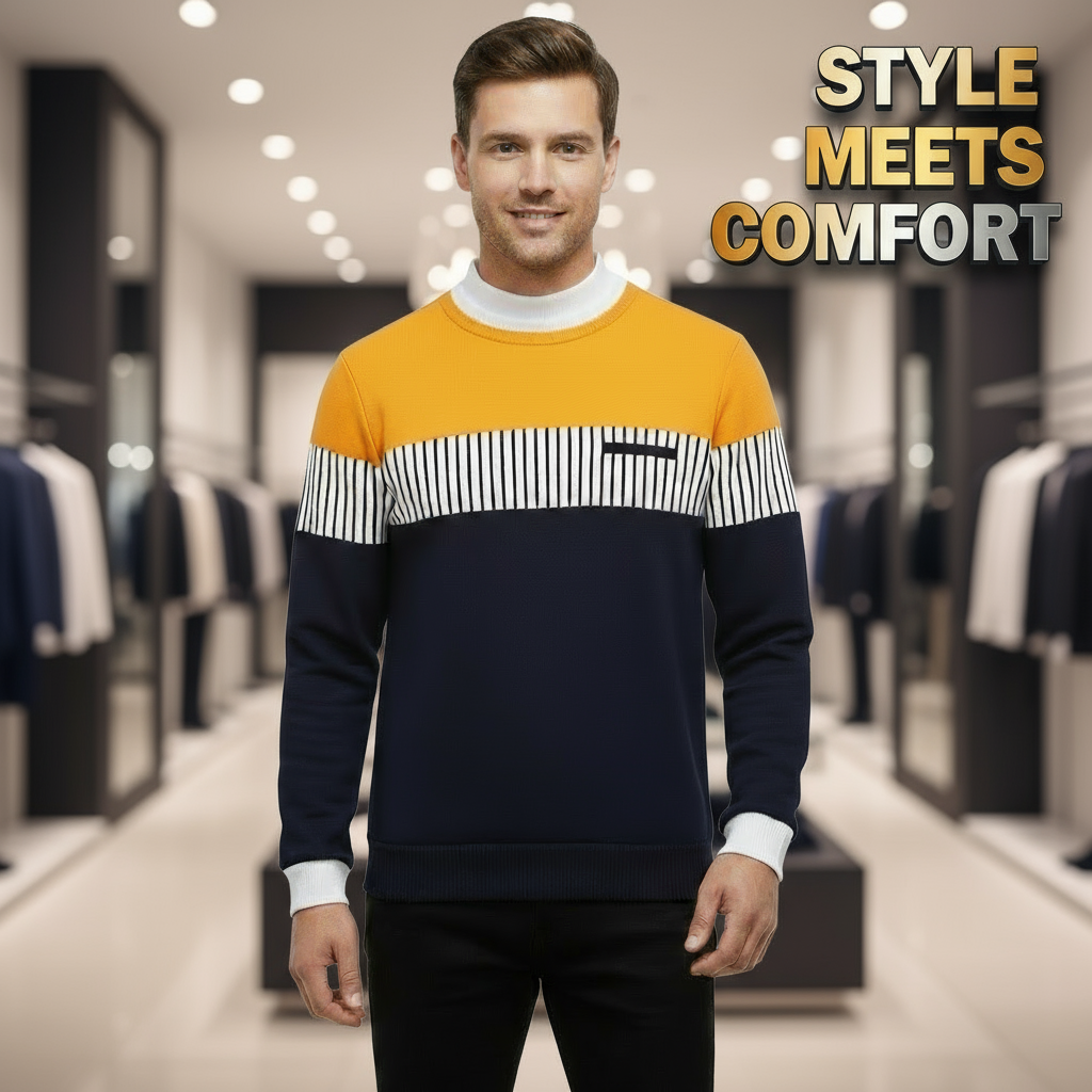 Color-blocked sweater with orange, navy, and white design on a white background
