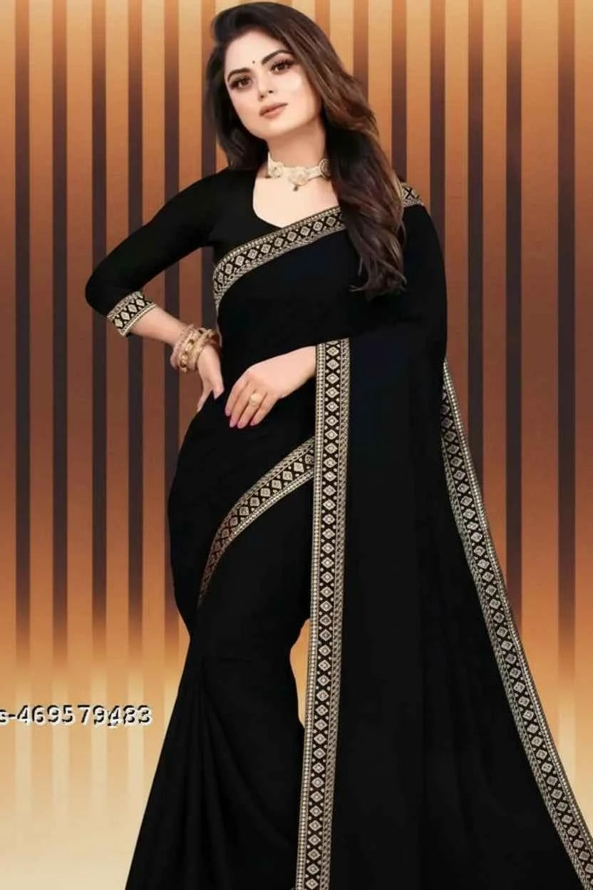 Premium Lycra Blend Solid Black Saree with Blouse - Modern Comfortable Saree (6.3M)