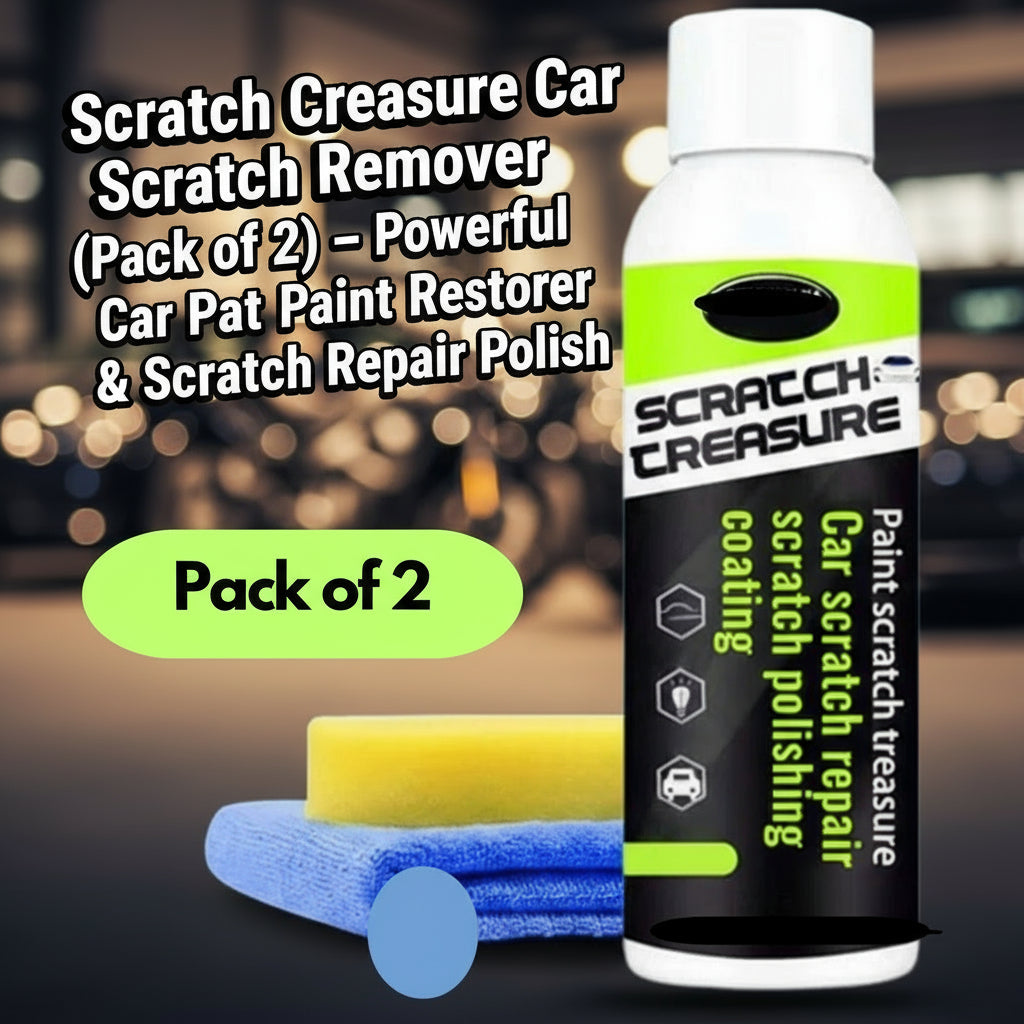Scratch Treasure car scratch repair product with packaging and tools on a blue background