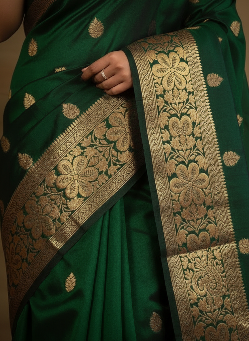 Green Banarasi Silk Woven Saree for Women - Traditional Indian Wedding Saree 6.3m