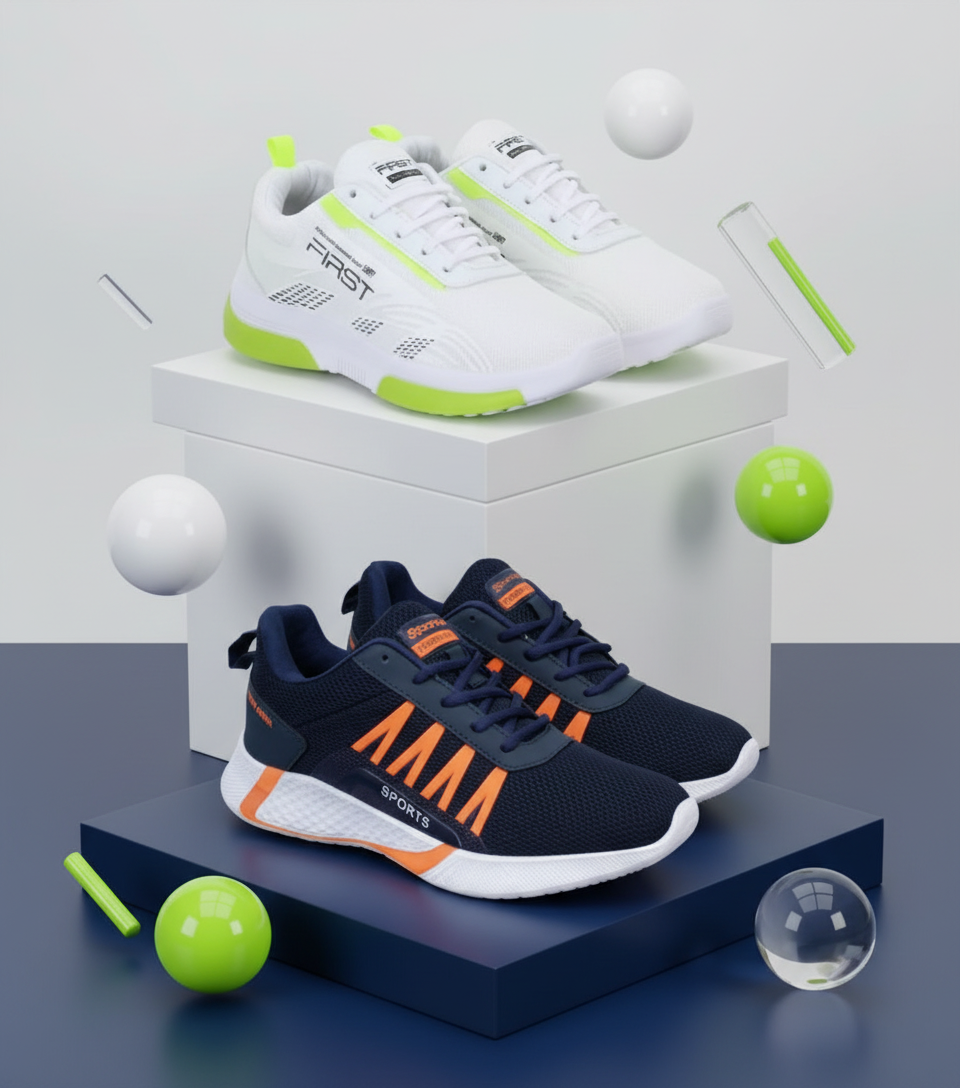 Men's Sports Shoes White & Blue - Comfortable Running Sneakers Pack of 2 (Size 10)