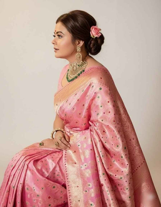 Elegant pink Jacquard Woven Saree (6.3M) for Festive & Wedding Wear
