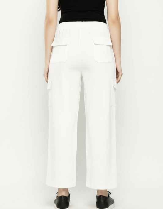 Cotton Blend Straight Fit Trouser for Women (White, S)