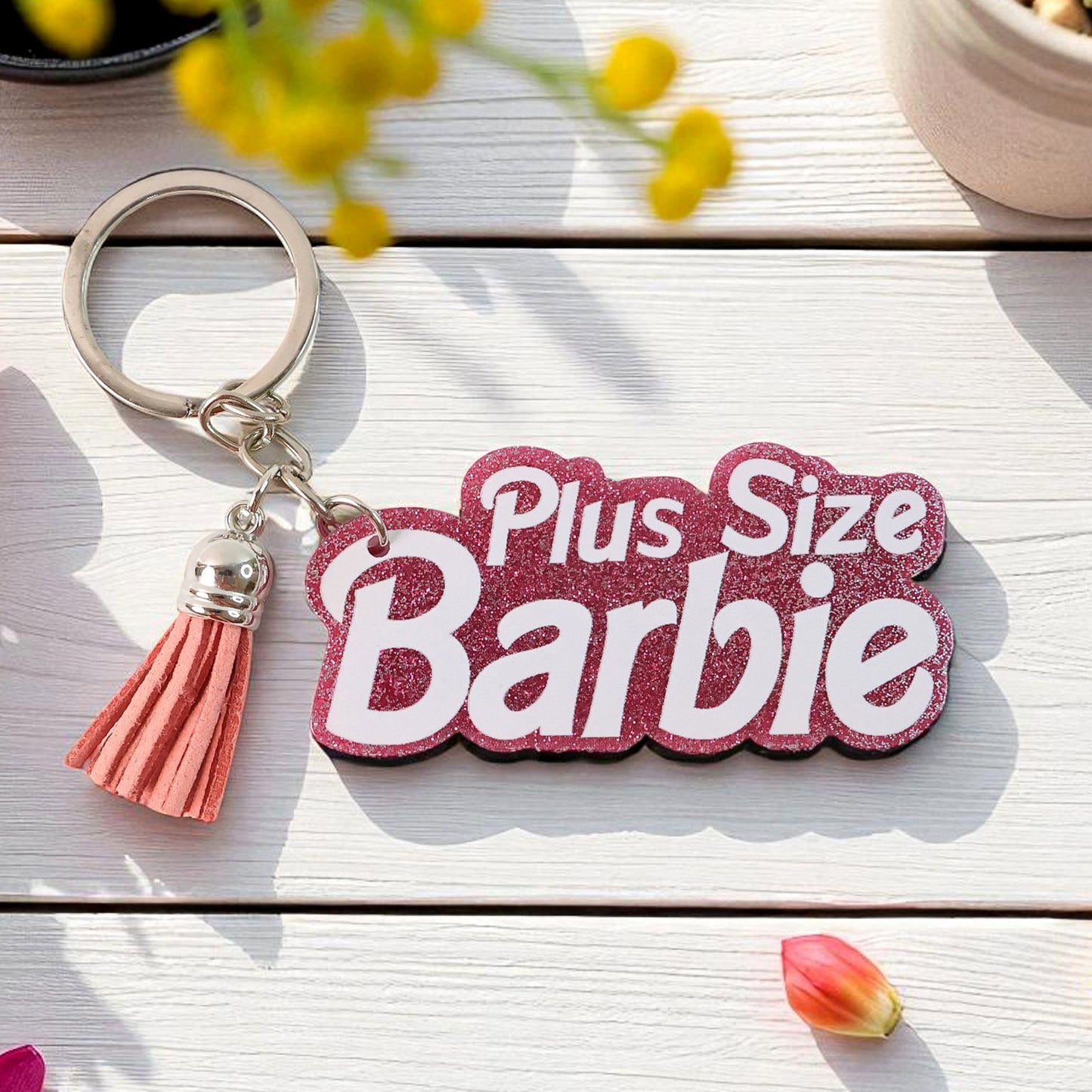 Text Keychain With Glitter Finish And Tassel Charm (1 Pc)