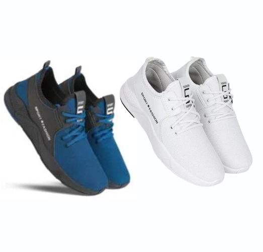 Men's Sports Shoes White & Blue - Comfortable Running Sneakers Pack of 2