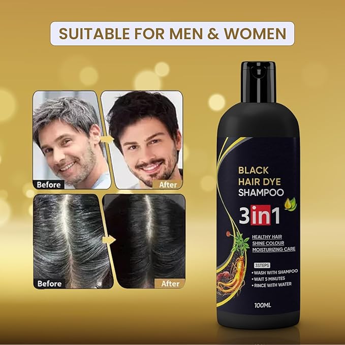 Herbal 3-in-1 Black Hair Dye Shampoo - 100% Gray Coverage for Men & Women (100ml, Pack of 2)