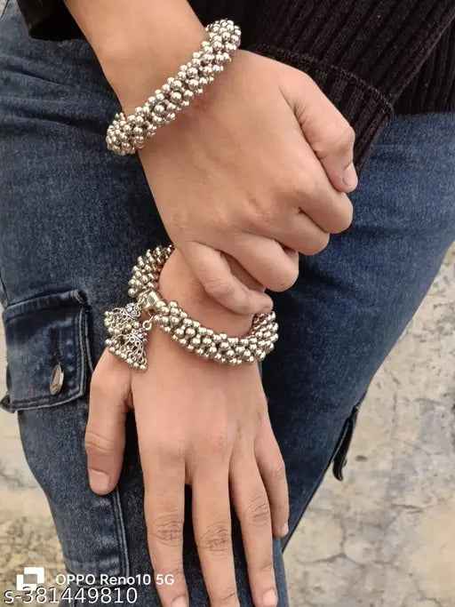 Premium Sterling Silver Kada Bangles - Traditional Design (Pack of 2)