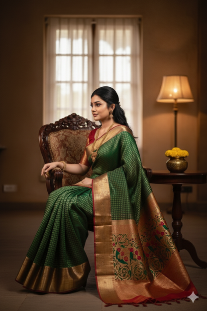 Luxurious Green Jacquard Saree with Blouse Piece (6.3M) - Festive & Party Wear
