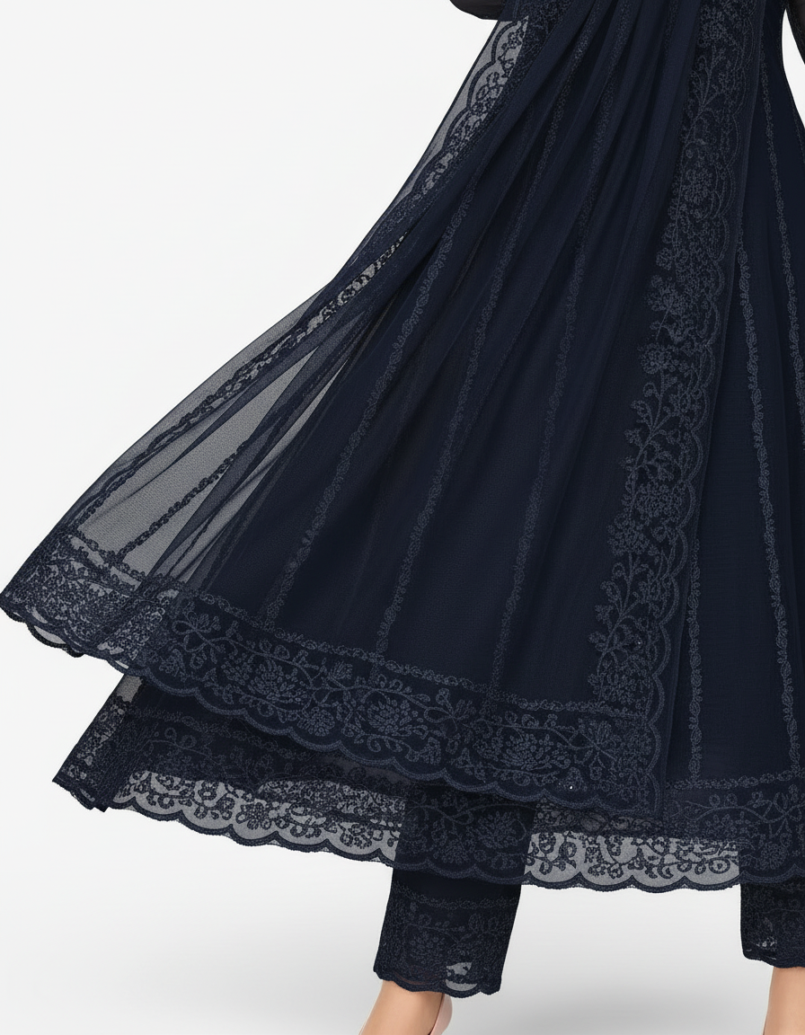 Women's Net Kurti Set with Dupatta and Bottomwear - Elegant Ethnic Wear