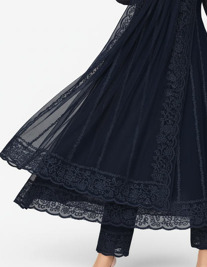 Women's Net Kurti Set with Dupatta and Bottomwear - Elegant Ethnic Wear