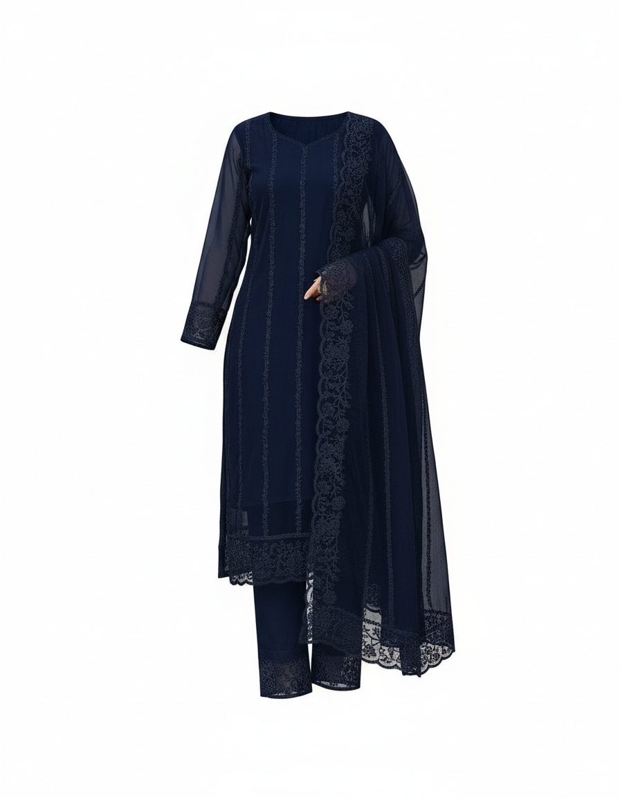 Women's Net Kurti Set with Dupatta and Bottomwear - Elegant Ethnic Wear Blue XL