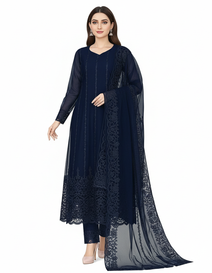 Women's Net Kurti Set with Dupatta and Bottomwear - Elegant Ethnic Wear Blue