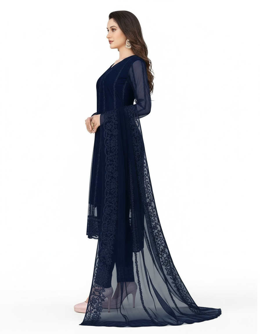 Women's Net Kurti Set with Dupatta and Bottomwear - Elegant Ethnic Wear Blue