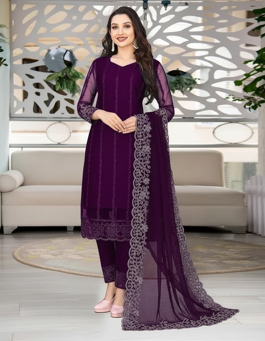 Women's Net Kurti Set with Dupatta & Bottomwear - Elegant Ethnic Wear