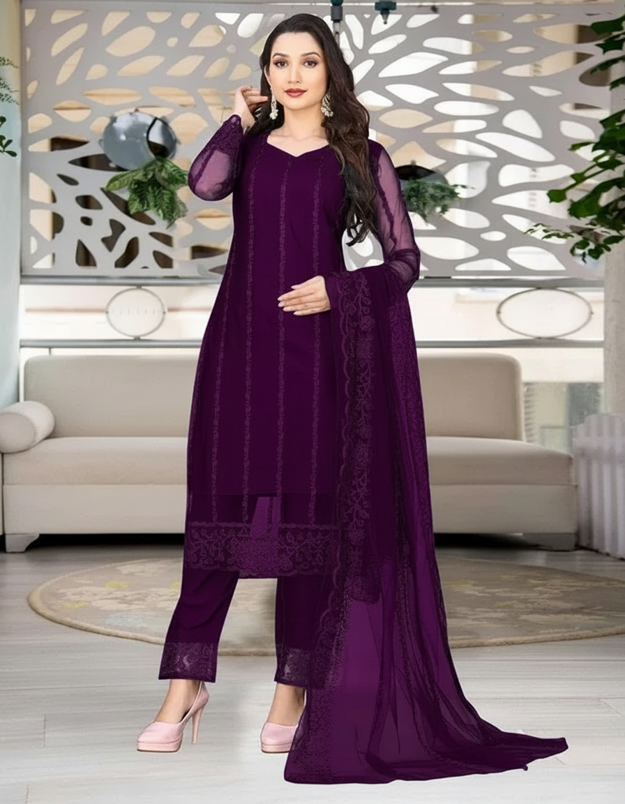 Women's Net Kurti Set with Dupatta & Bottomwear - Elegant Ethnic Wear