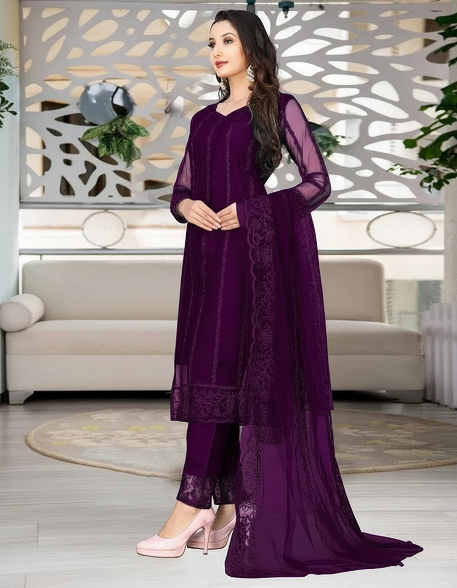 Women's Net Kurti Set with Dupatta & Bottomwear - Elegant Ethnic Wear