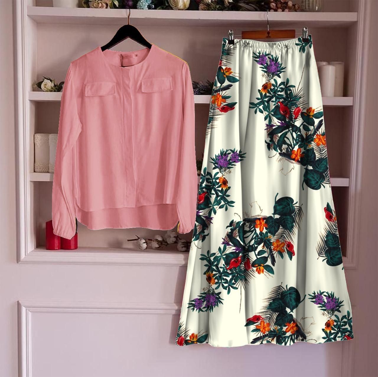 Women's Rayon Top with Skirt Set - Pink Multi Color Printed Ethnic Wear