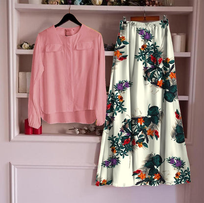 Women's Rayon Top with Skirt Set - Pink Multi Color Printed Ethnic Wear
