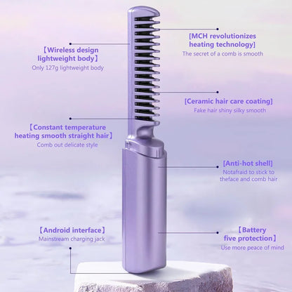 Meneflix Cordless Mini Hair Straightener - Portable Rechargeable Hot Comb 200°C