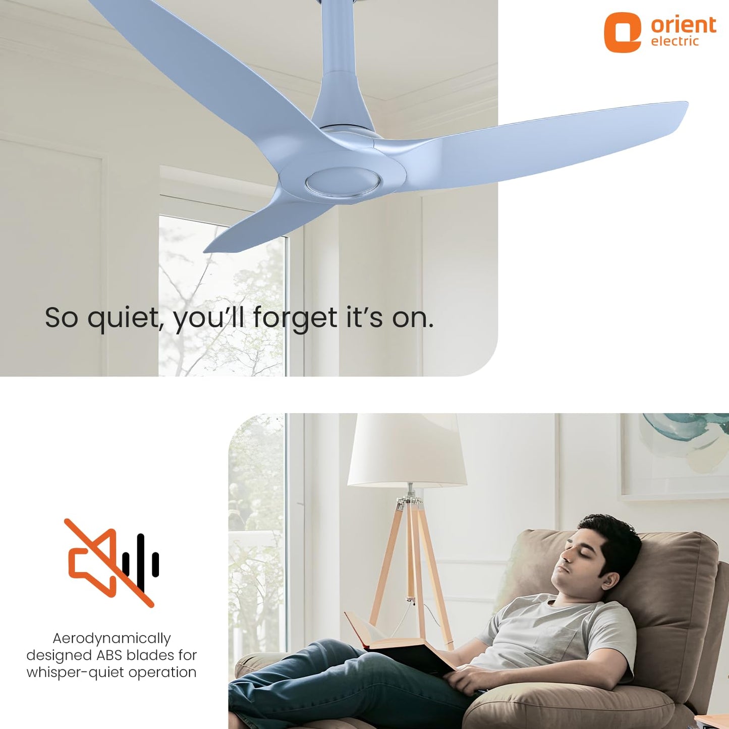 Orient Aeroquiet NEU 1230mm Premium Ceiling Fan | BEE 2★ Energy Efficient | Rust-Proof ABS Blades | 2 Year Warranty | Ice Blue