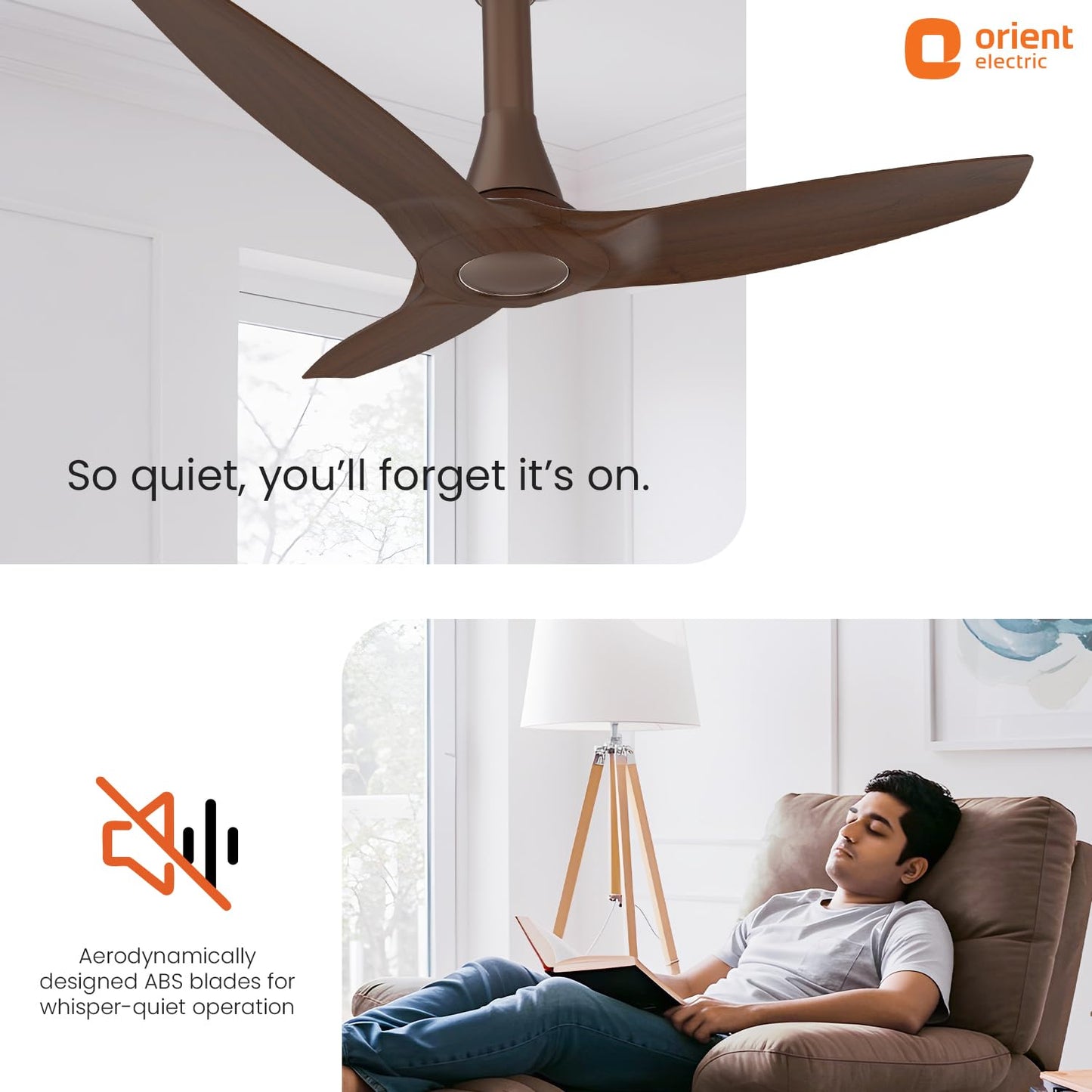 Orient Aeroquiet NEU 1230mm Premium Ceiling Fan | BEE 2★ Energy Efficient | Rust-Proof ABS Blades | 2 Year Warranty | Truffle Wood