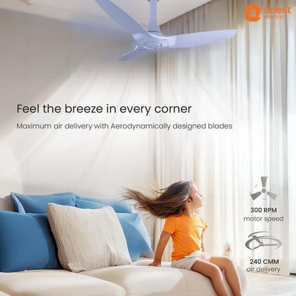 Orient Aeroquiet NEU 1230mm Premium Ceiling Fan | BEE 2★ Energy Efficient | Rust-Proof ABS Blades | 2 Year Warranty | Ice Blue