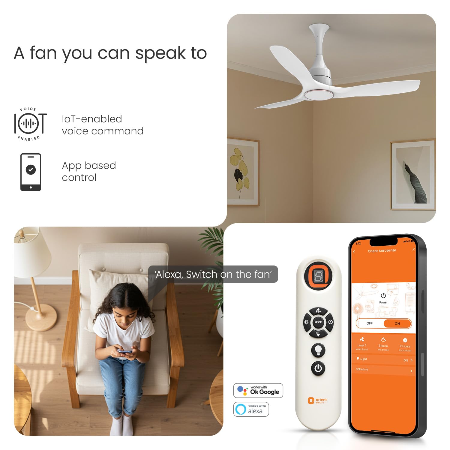 Orient Electric 1200mm Aerosense BLDC Ceiling Fan with Remote | BEE 5-star rated Energy Saving Fan | 5-year warranty by Orient | White, pack of 1