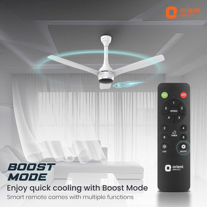 Orient Electric Newly Launched 1200 mm Aeon BLDC PRO,BEE 5-star rated, Anti-Dust Designer Ceiling fan with Remote & 5 yrs Warranty by Orient, Boost mode for High Air Delivery - Pixel White