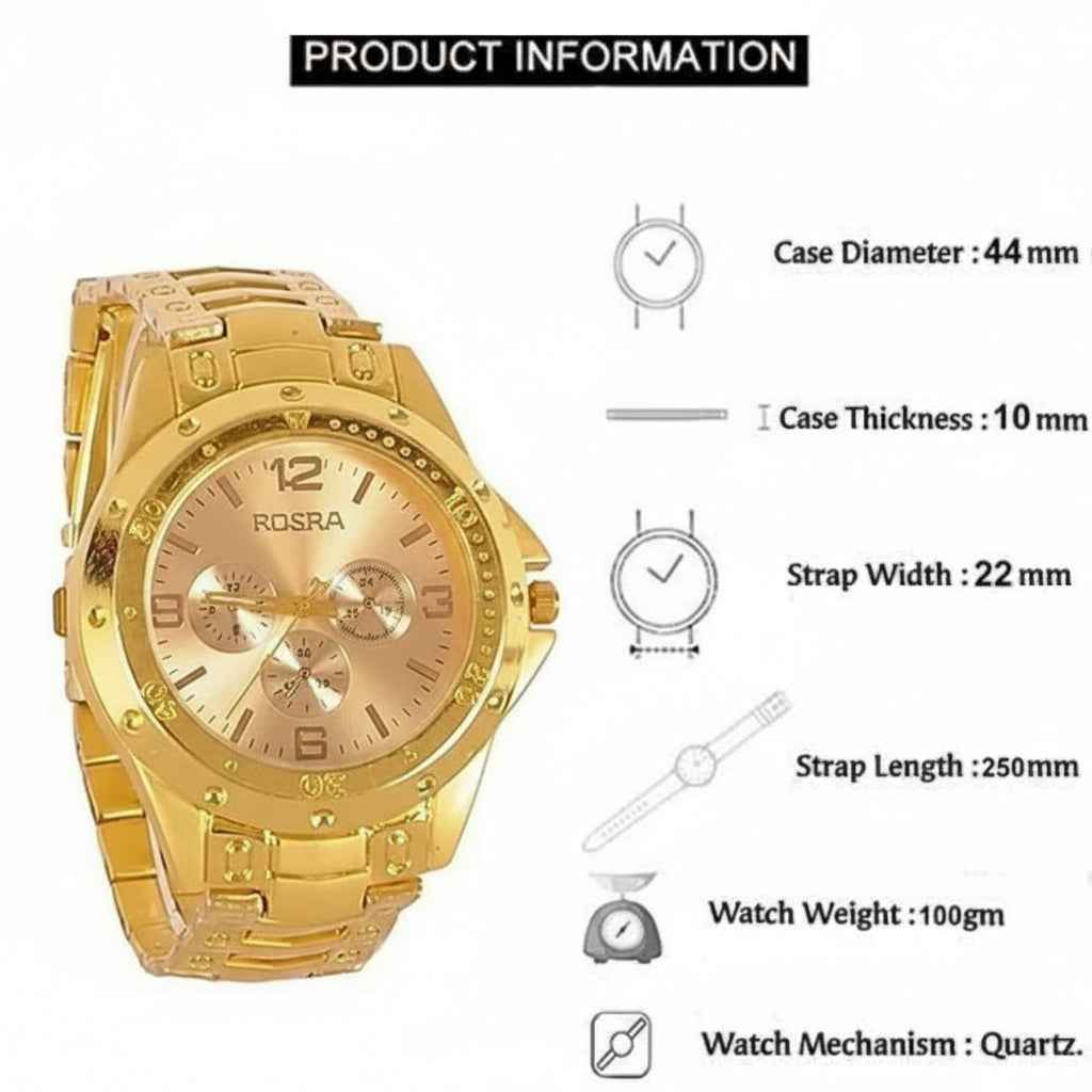 Men's Golden Stainless Steel Chronograph Watch - 45mm Analog Timepiece