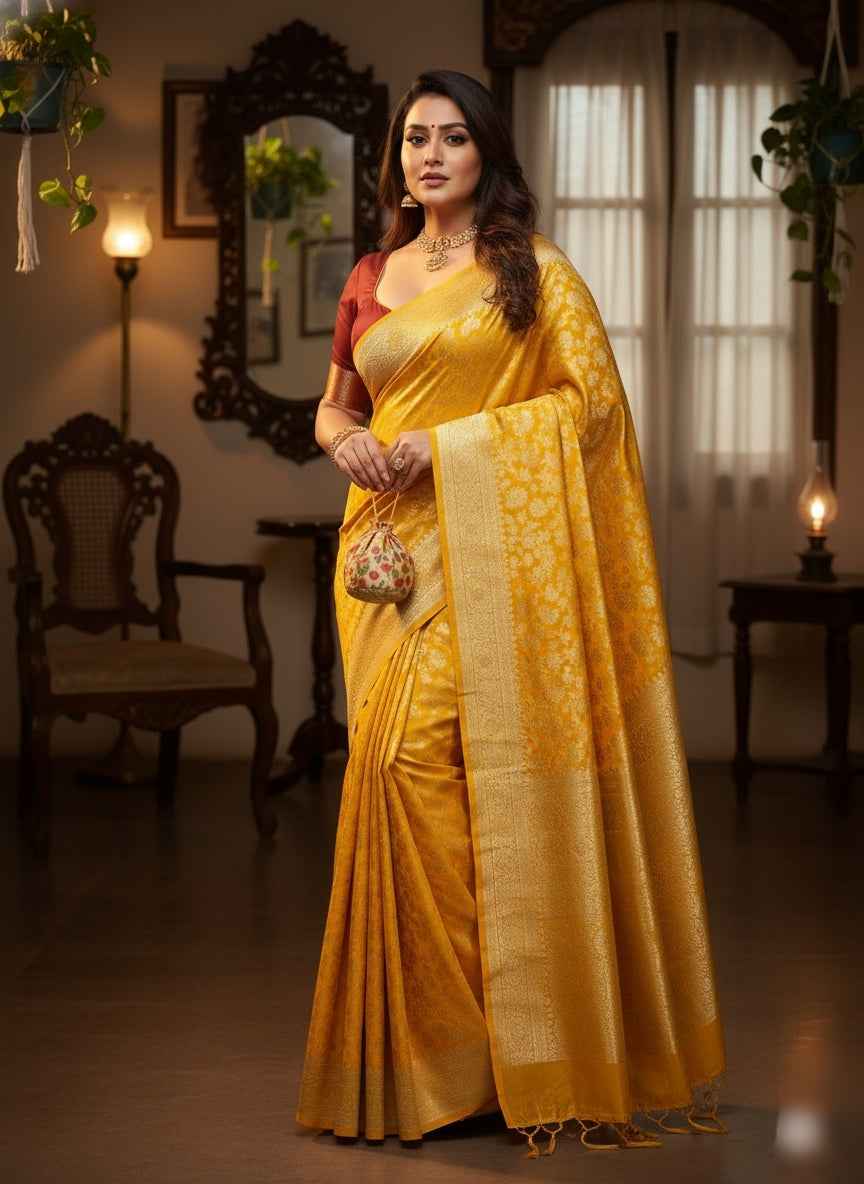 Premium Banarasi Silk Saree with Blouse Piece - Traditional Yellow Wedding Saree (6.3M)