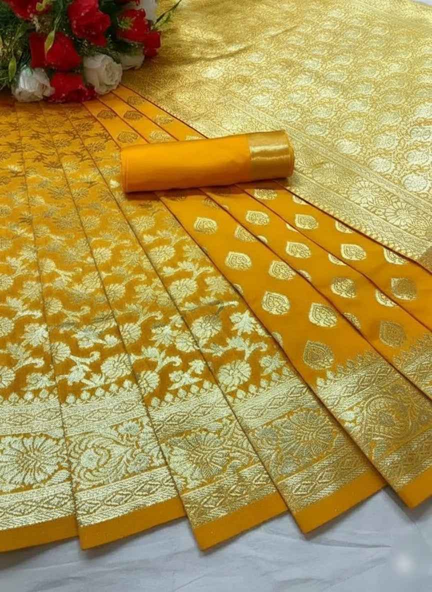 Premium Banarasi Silk Saree with Blouse Piece - Traditional Yellow Wedding Saree (6.3M)