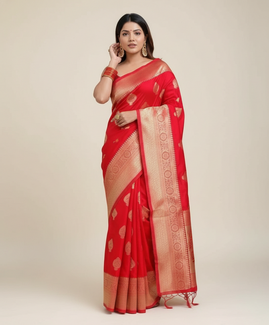 Red Jacquard Printed Saree for Women - Traditional Indian Ethnic Wear 6.3m