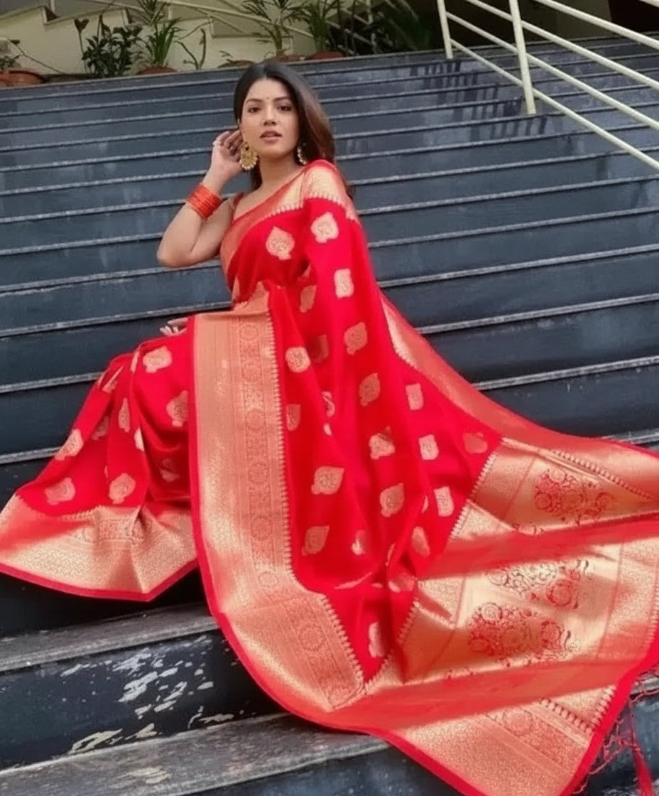 Red Jacquard Printed Saree for Women - Traditional Indian Ethnic Wear 6.3m Red Saree Length: 5.5 m Blouse Length: 0.8 m