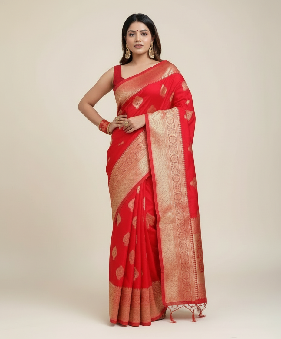 Red Jacquard Printed Saree for Women - Traditional Indian Ethnic Wear 6.3m