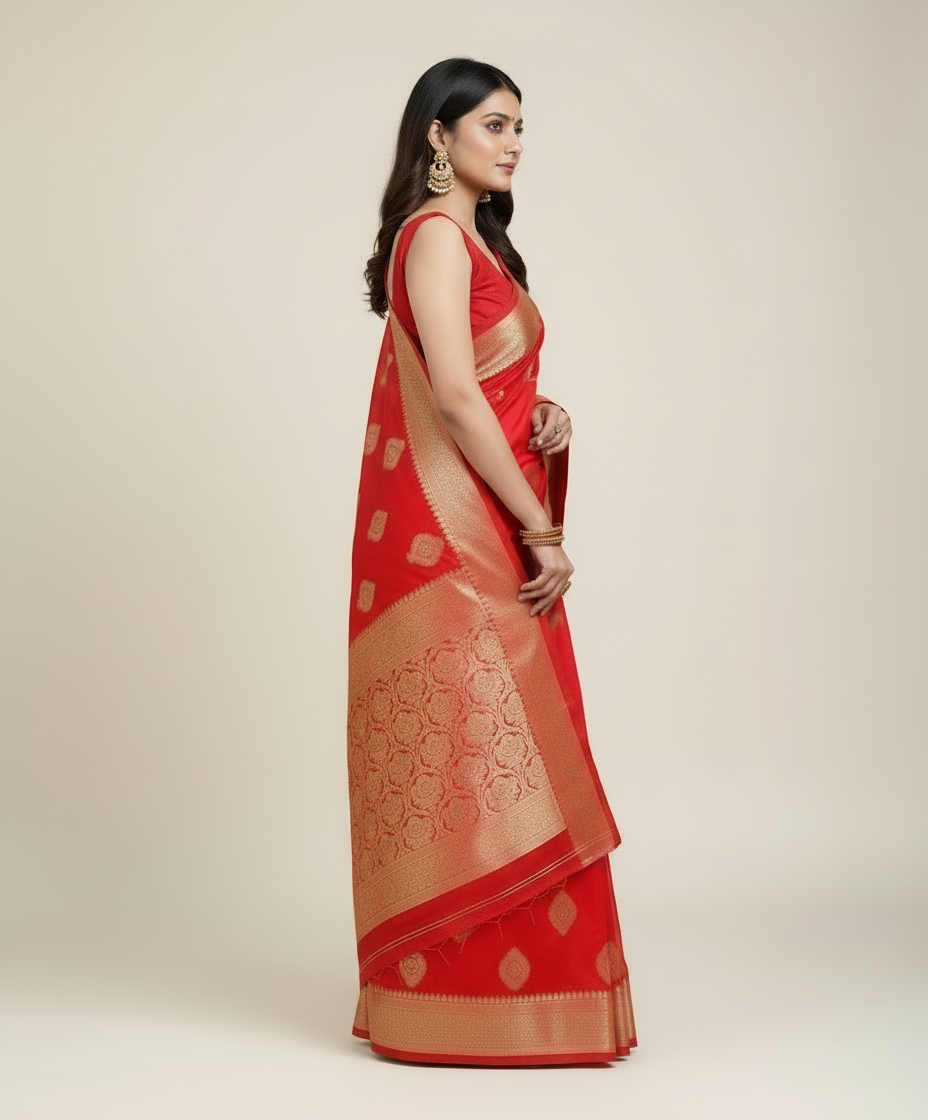 Red Jacquard Printed Saree for Women - Traditional Indian Ethnic Wear 6.3m