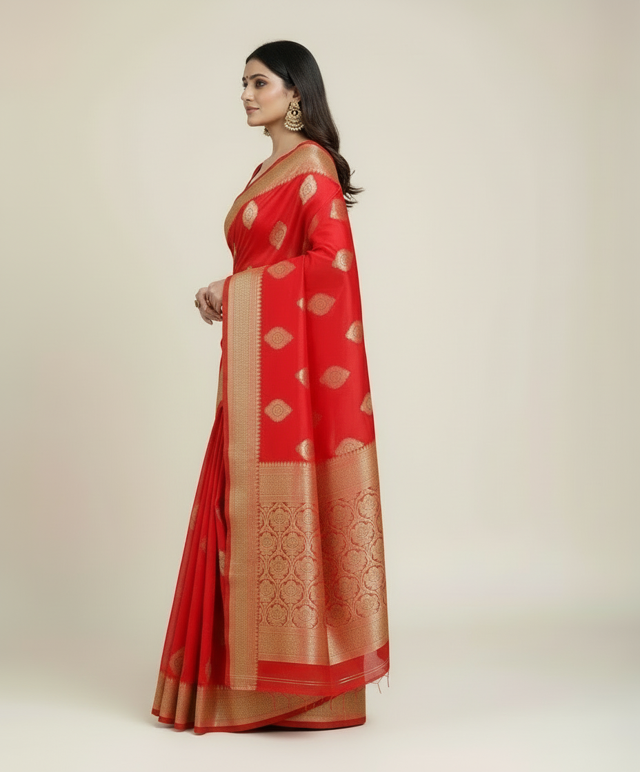 Red Jacquard Printed Saree for Women - Traditional Indian Ethnic Wear 6.3m