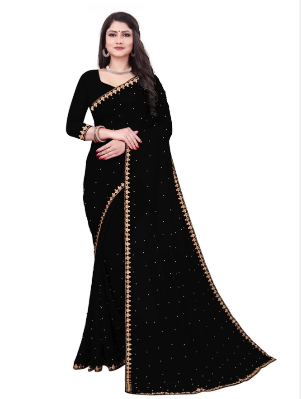 Black saree with gold border worn by a model on a white background