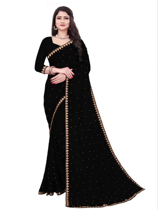 Black saree with gold border worn by a model on a white background