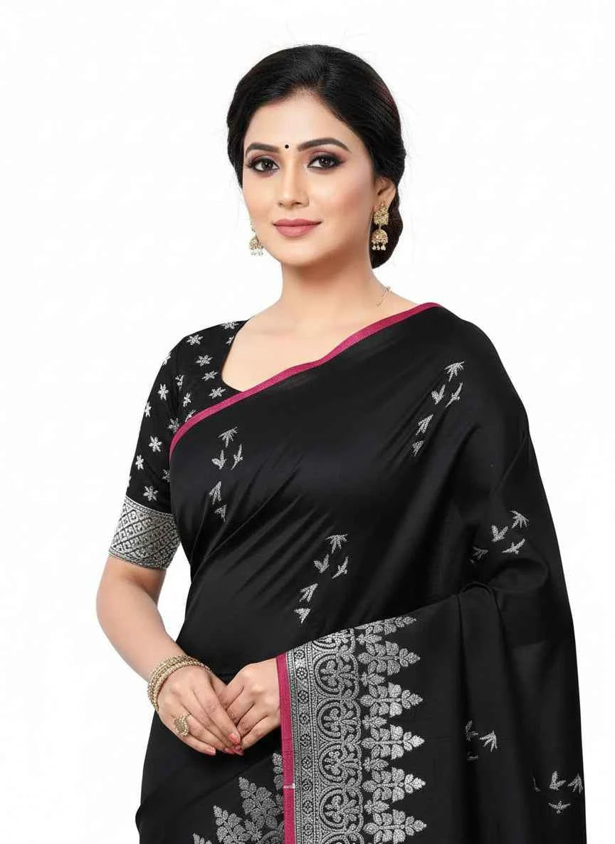 Premium Black Jacquard Saree with Blouse - Traditional Indian Ethnic Wear